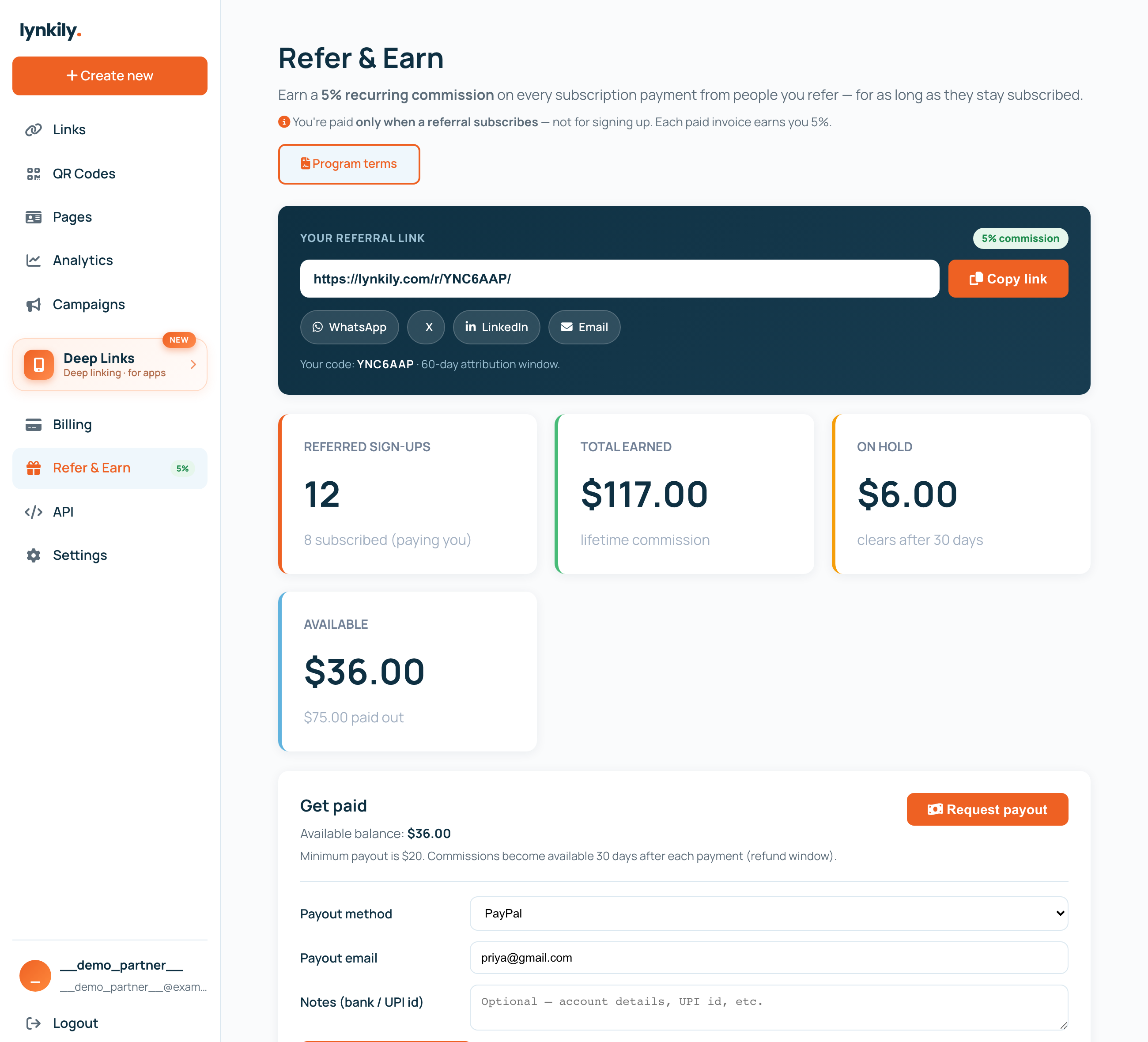 lynkily Refer & Earn partner dashboard