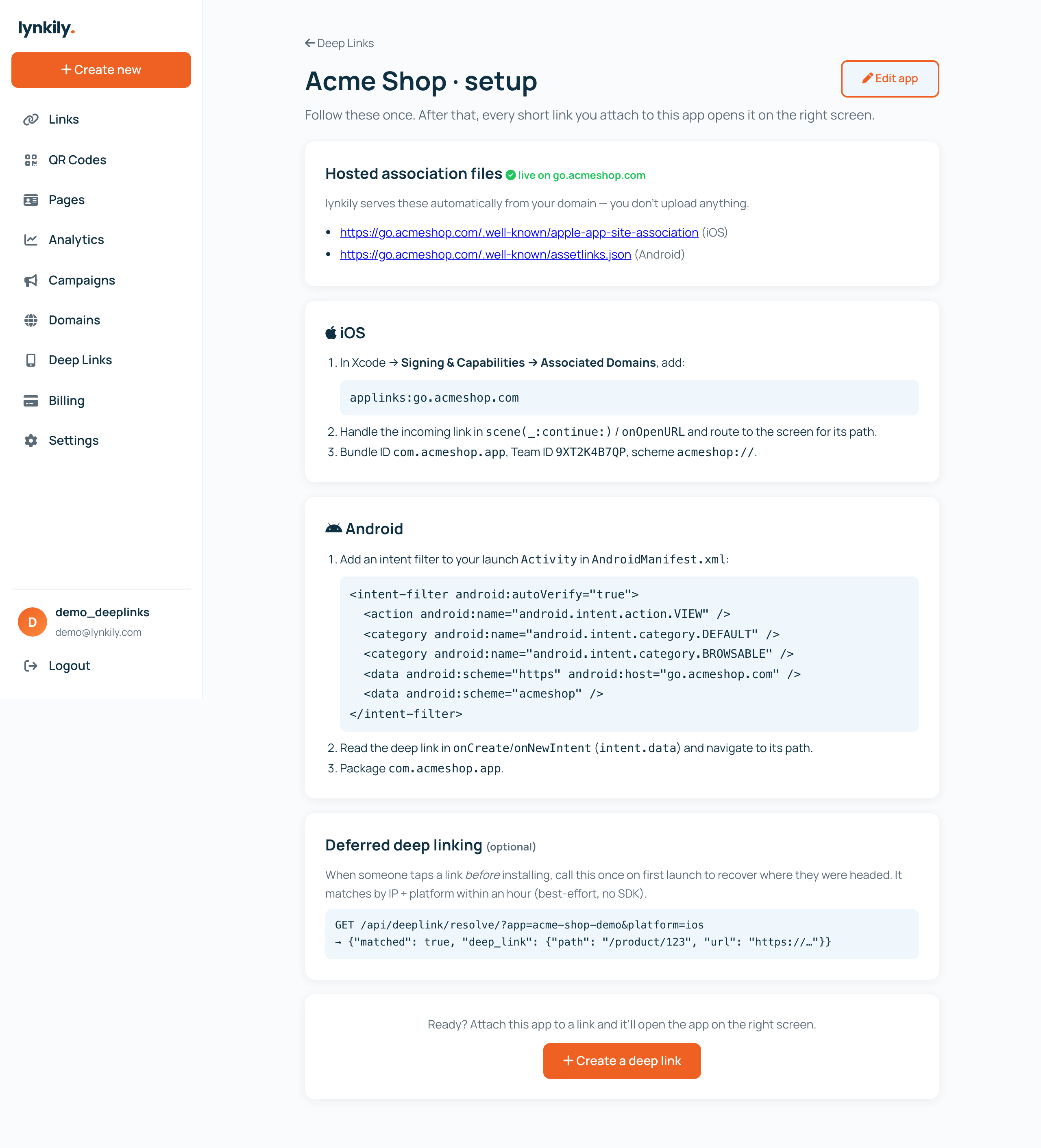 lynkily hosting the apple-app-site-association file for iOS Universal Links