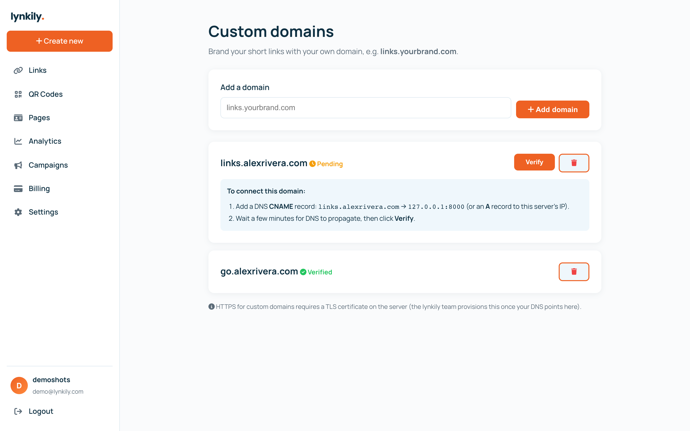 Branded links & custom domains screenshot